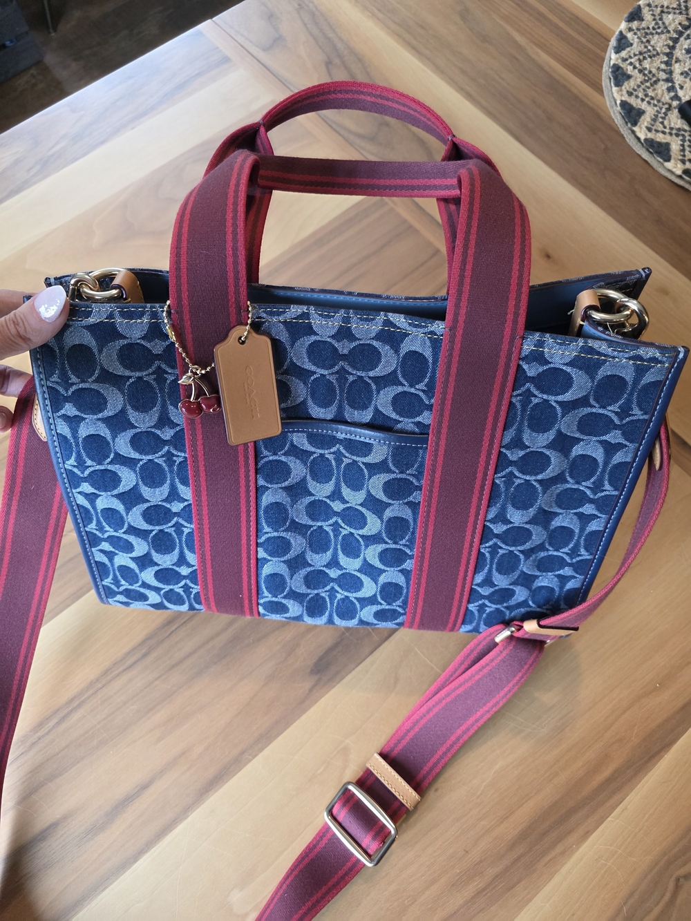 Coach Signature Denim Tote with Red Straps And Cherry Decoration